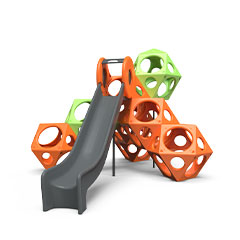 Rendered combination of plastic colourful playcubes which create playful play units for playgrounds with experiences like climbing, sliding and balancing.